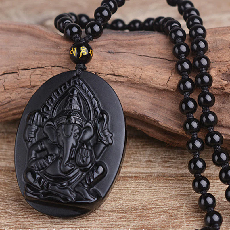 Buddha Stones Collana con amuleto della ricchezza dell'elefante Ganesh Ganpati in ossidiana tibetana - Image 3