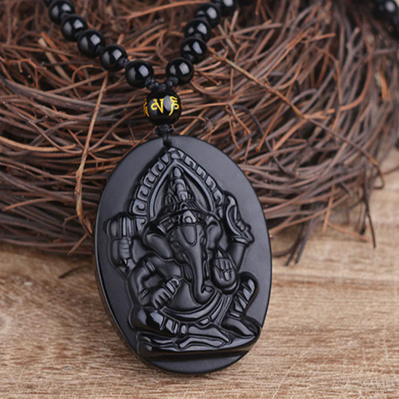 Buddha Stones Collana con amuleto della ricchezza dell'elefante Ganesh Ganpati in ossidiana tibetana - Image 4