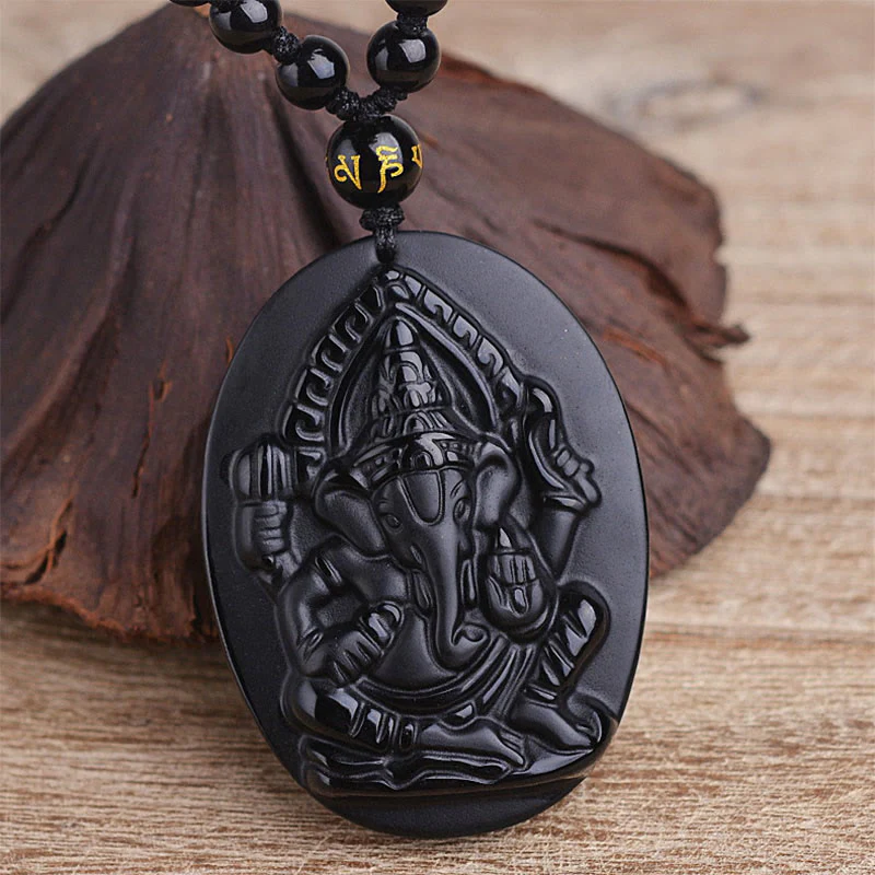 Buddha Stones Collana con amuleto della ricchezza dell'elefante Ganesh Ganpati in ossidiana tibetana - Image 5