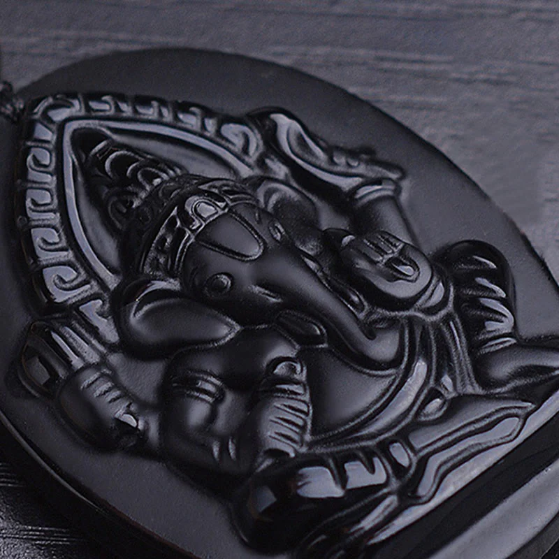 Buddha Stones Collana con amuleto della ricchezza dell'elefante Ganesh Ganpati in ossidiana tibetana - Image 6