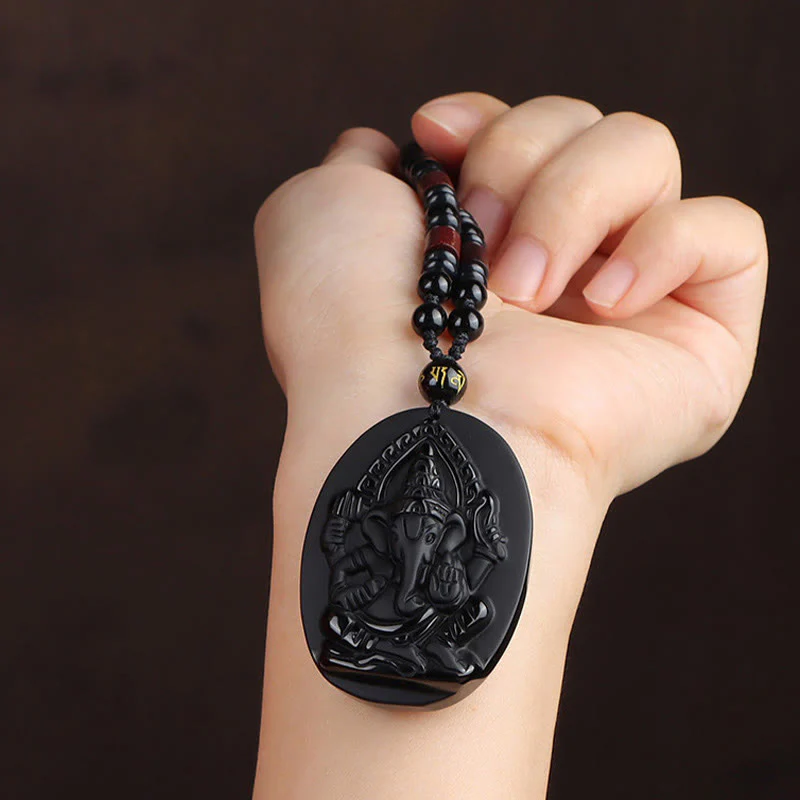 Buddha Stones Collana con amuleto della ricchezza dell'elefante Ganesh Ganpati in ossidiana tibetana - Image 8