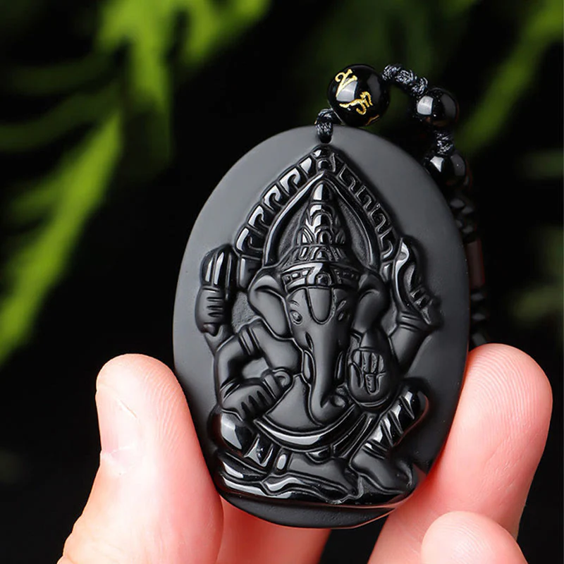 Buddha Stones Collana con amuleto della ricchezza dell'elefante Ganesh Ganpati in ossidiana tibetana - Image 9