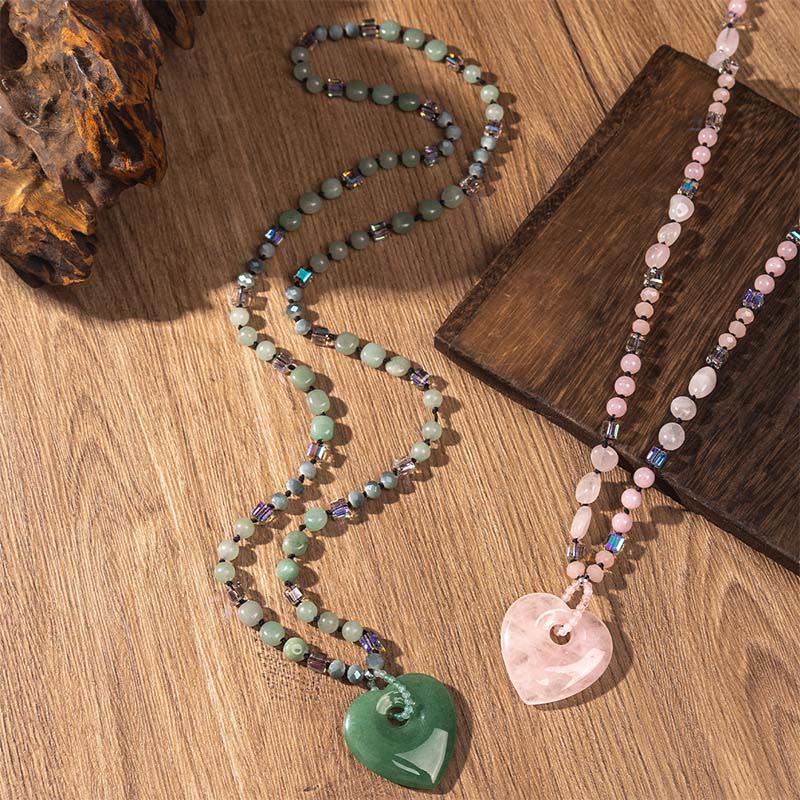 Buddha Stones Collana con ciondolo a forma di cuore in quarzo rosa e avventurina verde, portafortuna - Image 8
