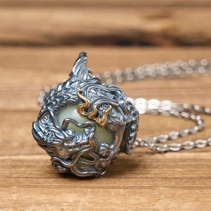 Buddha Stones Collana con ciondolo a forma di drago di rame che circonda la perla della forza - Image 4