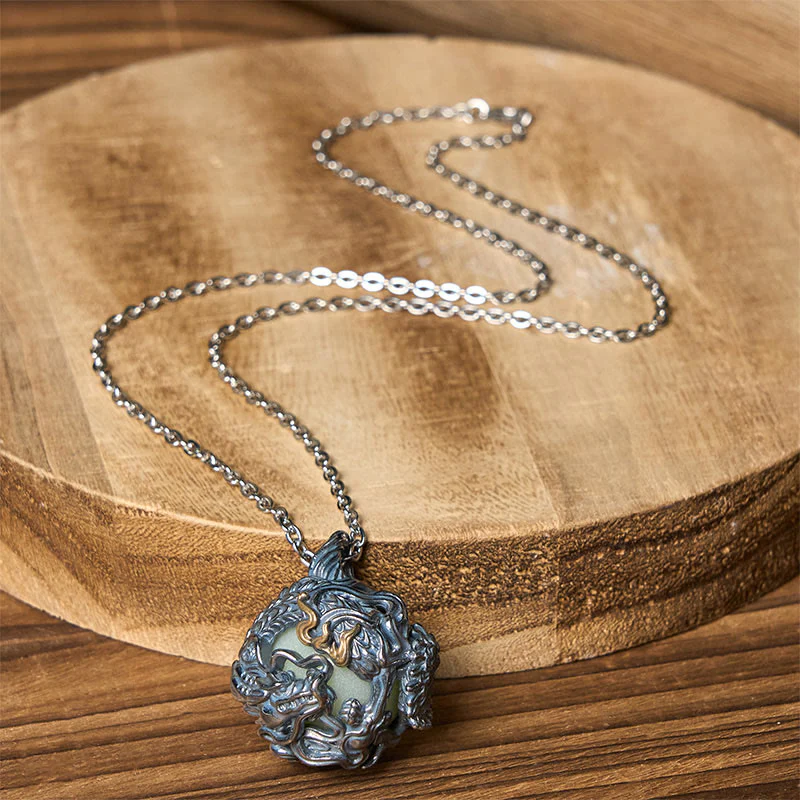 Buddha Stones Collana con ciondolo a forma di drago di rame che circonda la perla della forza - Image 5