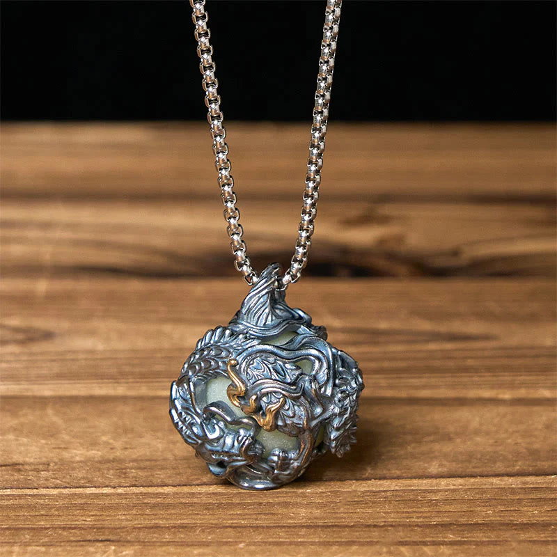 Buddha Stones Collana con ciondolo a forma di drago di rame che circonda la perla della forza - Image 8