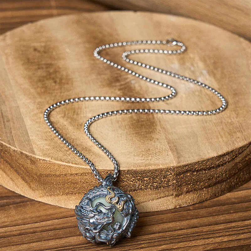 Buddha Stones Collana con ciondolo a forma di drago di rame che circonda la perla della forza - Image 9