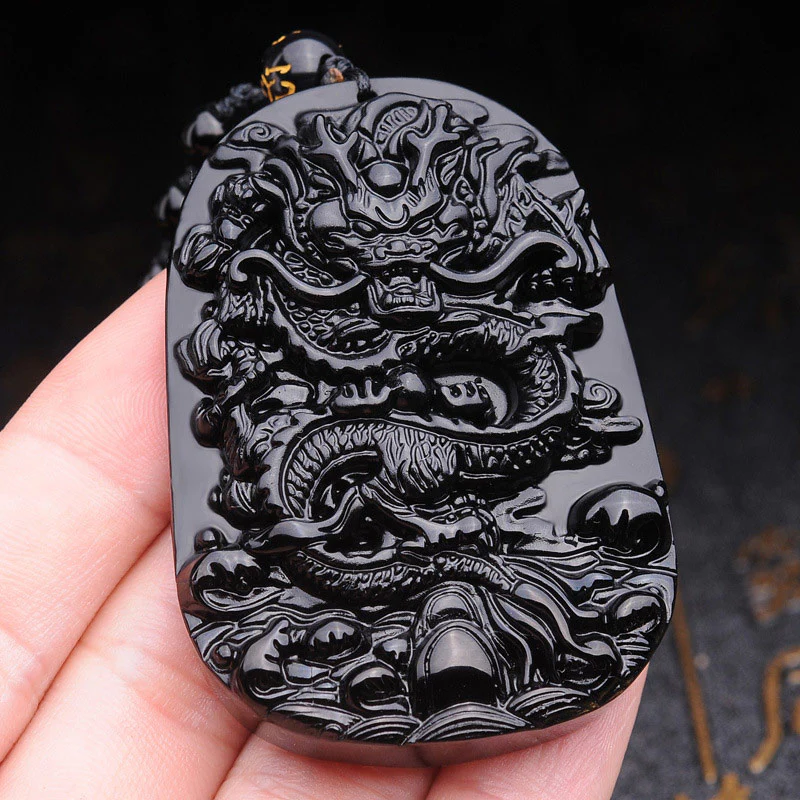 Buddha Stones Collana con ciondolo a forma di drago in pietra di ossidiana nera - Image 3