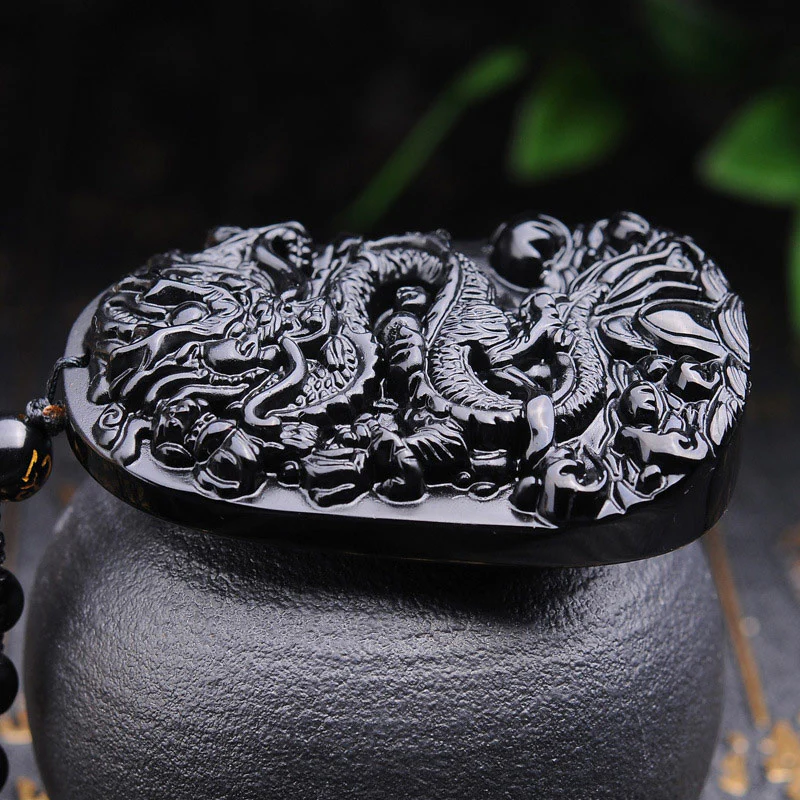 Buddha Stones Collana con ciondolo a forma di drago in pietra di ossidiana nera - Image 4