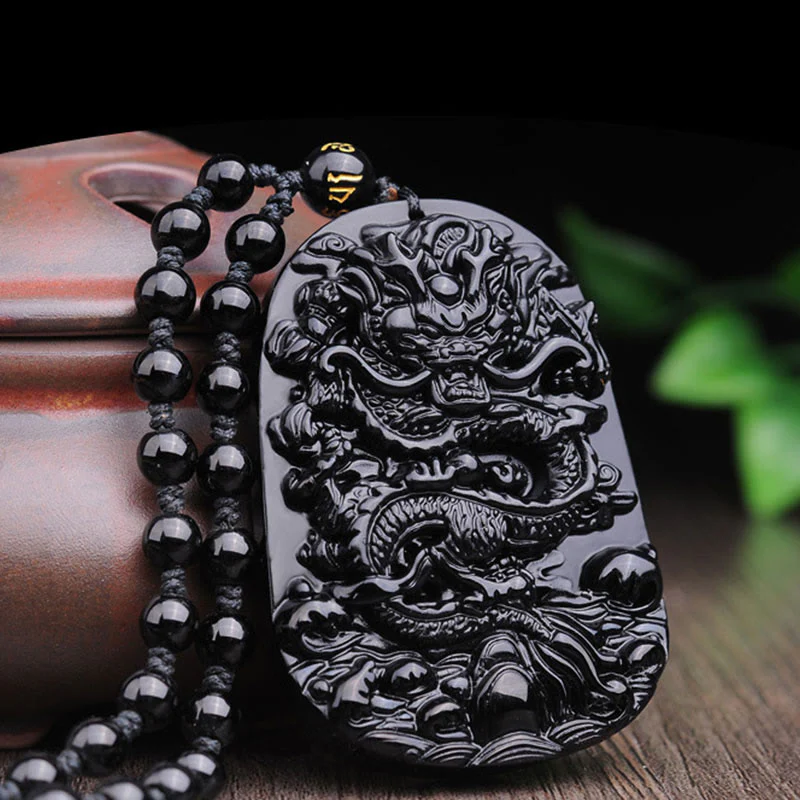 Buddha Stones Collana con ciondolo a forma di drago in pietra di ossidiana nera - Image 7