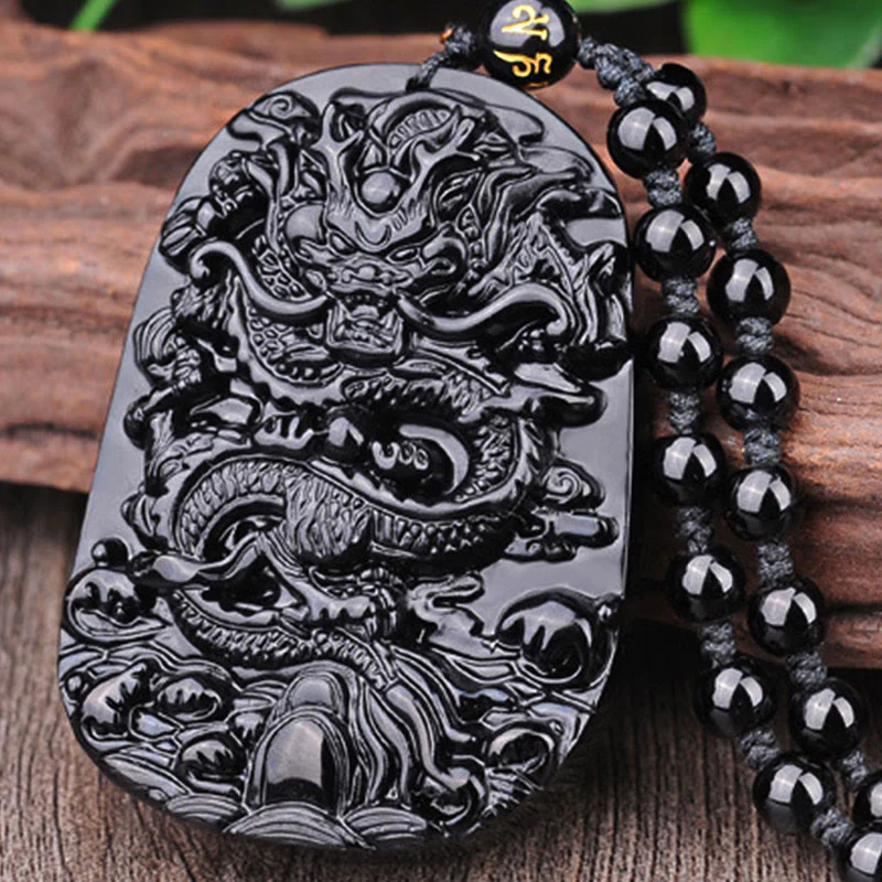 Buddha Stones Collana con ciondolo a forma di drago in pietra di ossidiana nera - Image 9