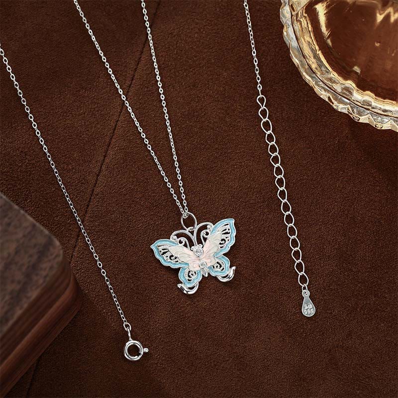 Buddha Stones Collana con ciondolo a forma di farfalla in argento sterling 999 con smalto blu e protezione. - Image 2