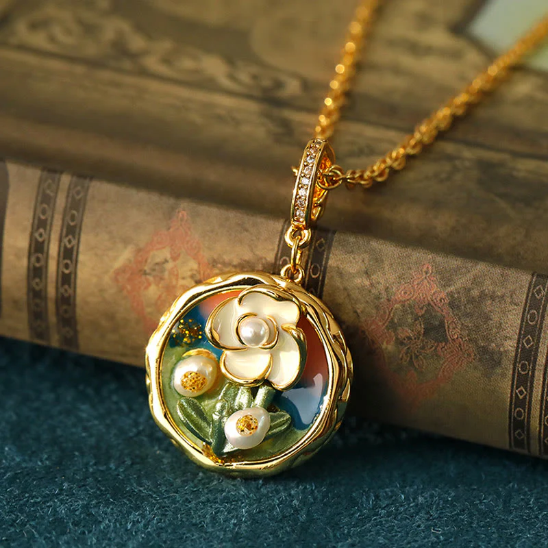 Buddha Stones Collana con ciondolo a forma di fiore in rame, stile retrò con pittura ad olio rotonda, simbolo di ricchezza.