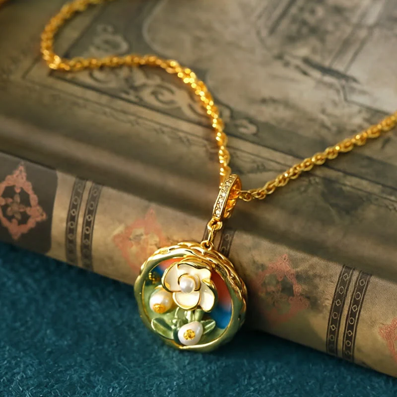 Buddha Stones Collana con ciondolo a forma di fiore in rame, stile retrò con pittura ad olio rotonda, simbolo di ricchezza. - Image 2