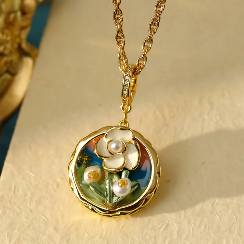 Buddha Stones Collana con ciondolo a forma di fiore in rame, stile retrò con pittura ad olio rotonda, simbolo di ricchezza. - Image 4