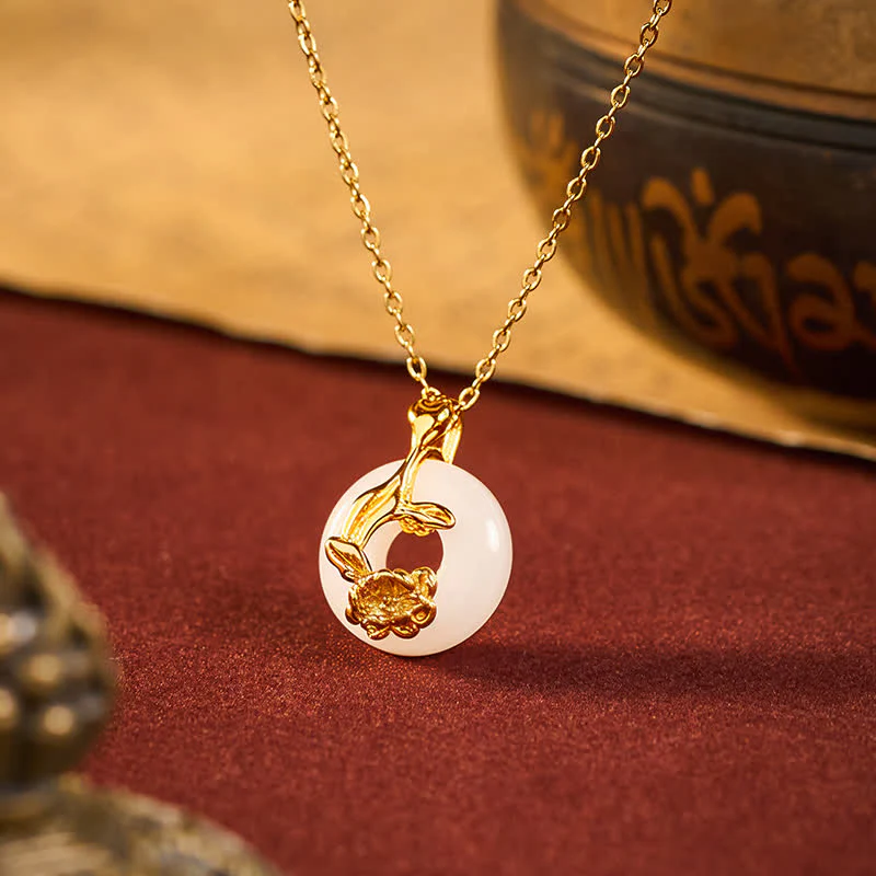 Buddha Stones Collana con ciondolo a forma di peonia in argento sterling 925 con fibbia della pace e giada bianca Hetian, portafortuna.