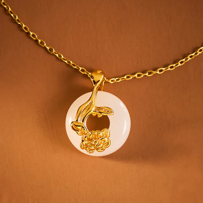 Buddha Stones Collana con ciondolo a forma di peonia in argento sterling 925 con fibbia della pace e giada bianca Hetian, portafortuna. - Image 3