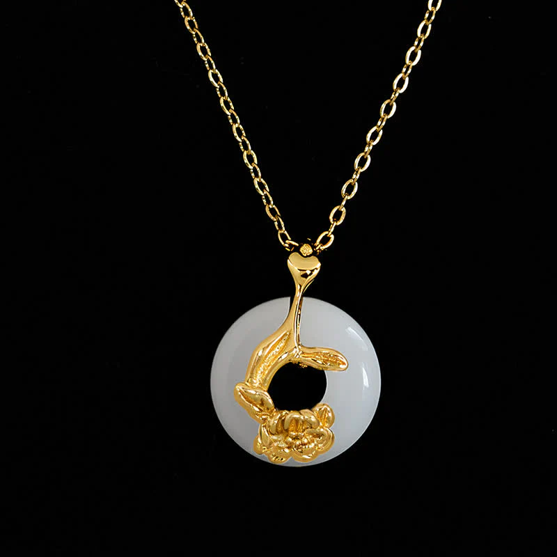 Buddha Stones Collana con ciondolo a forma di peonia in argento sterling 925 con fibbia della pace e giada bianca Hetian, portafortuna. - Image 4