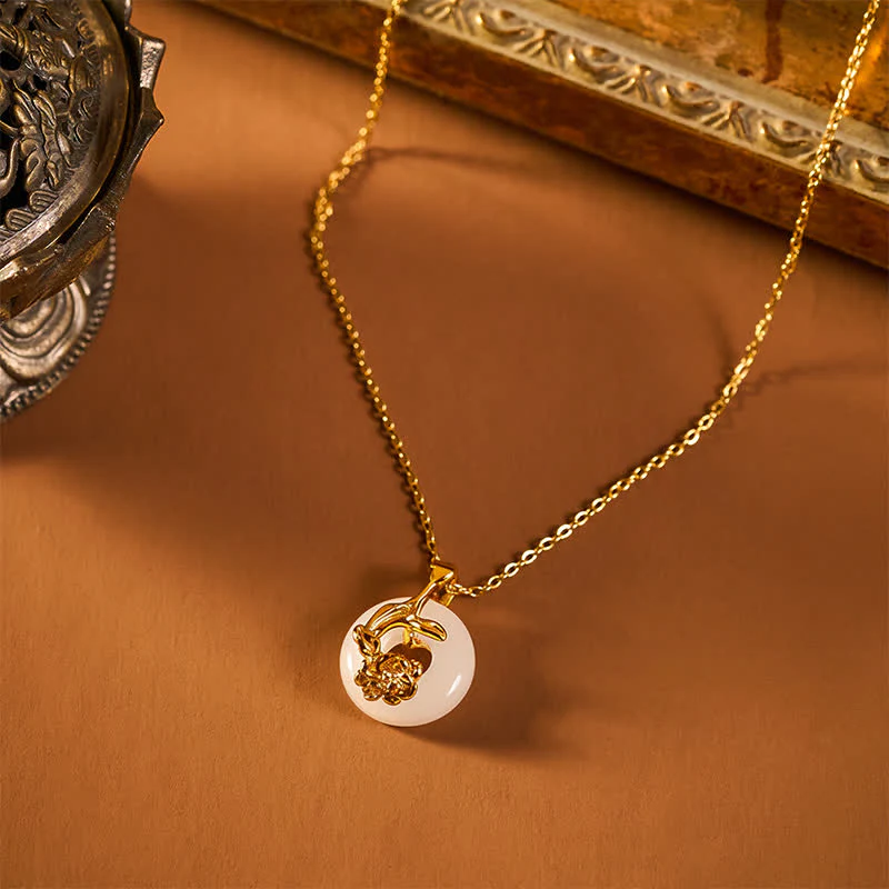 Buddha Stones Collana con ciondolo a forma di peonia in argento sterling 925 con fibbia della pace e giada bianca Hetian, portafortuna. - Image 5