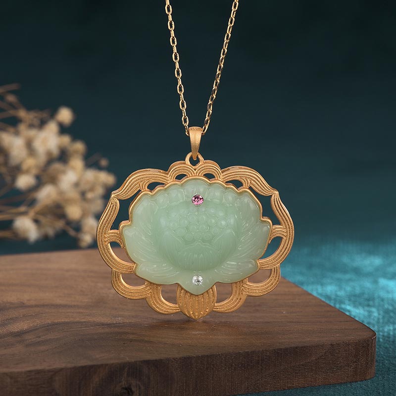 Buddha Stones Collana con ciondolo in giada naturale con simbolo dell'armonia del loto
