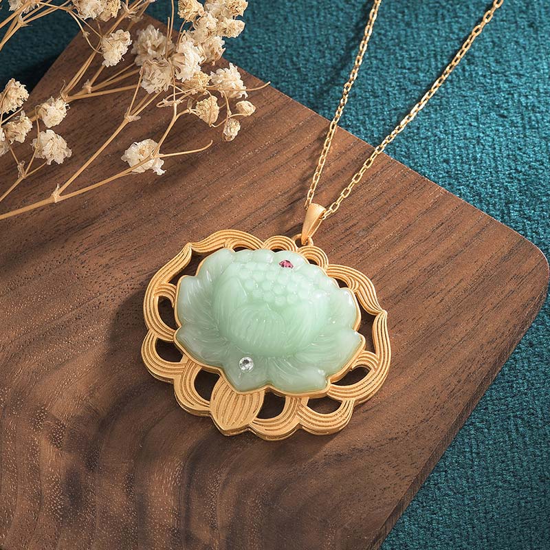 Buddha Stones Collana con ciondolo in giada naturale con simbolo dell'armonia del loto - Image 2