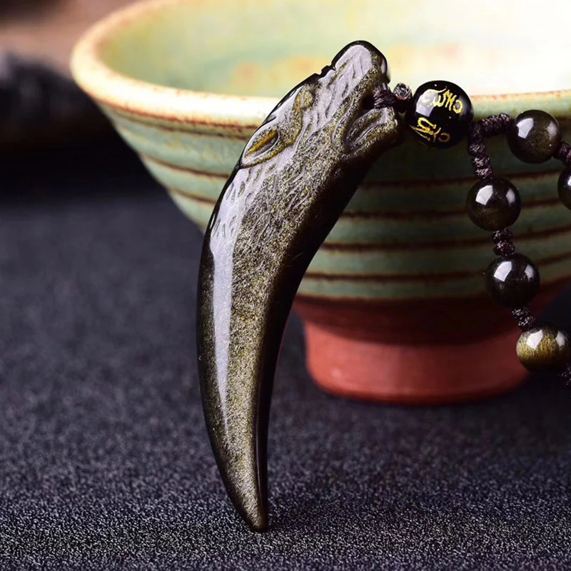 Buddha Stones Collana con ciondolo in ossidiana nera naturale, ossidiana di ghiaccio, ossidiana arcobaleno con motivo a dente di lupo e forza. - Image 10