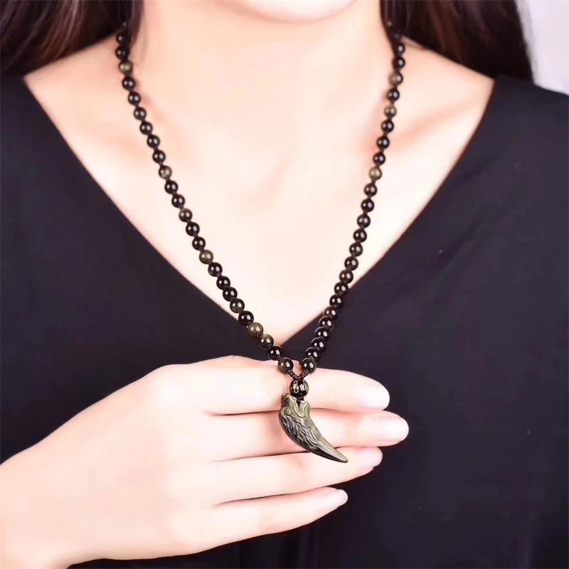 Buddha Stones Collana con ciondolo in ossidiana nera naturale, ossidiana di ghiaccio, ossidiana arcobaleno con motivo a dente di lupo e forza. - Image 3