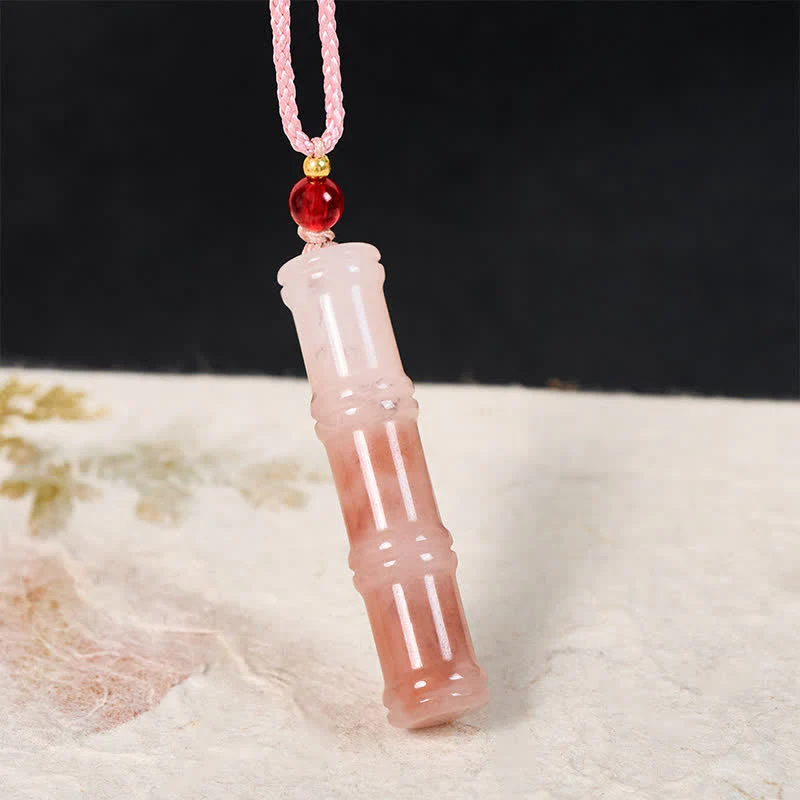 Buddha Stones Collana con ciondolo protettivo in quarzite rosa naturale e giada, realizzata con bambù intagliato. - Image 2