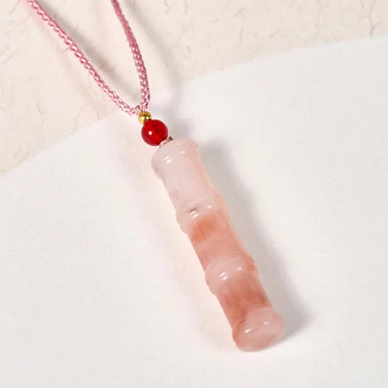 Buddha Stones Collana con ciondolo protettivo in quarzite rosa naturale e giada, realizzata con bambù intagliato. - Image 3