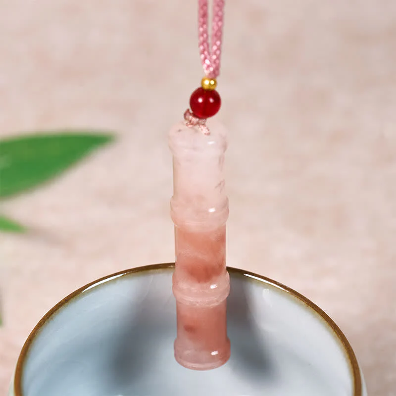 Buddha Stones Collana con ciondolo protettivo in quarzite rosa naturale e giada, realizzata con bambù intagliato. - Image 4