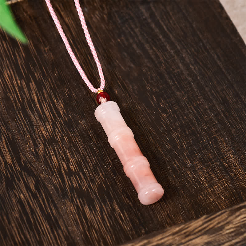 Buddha Stones Collana con ciondolo protettivo in quarzite rosa naturale e giada, realizzata con bambù intagliato. - Image 5