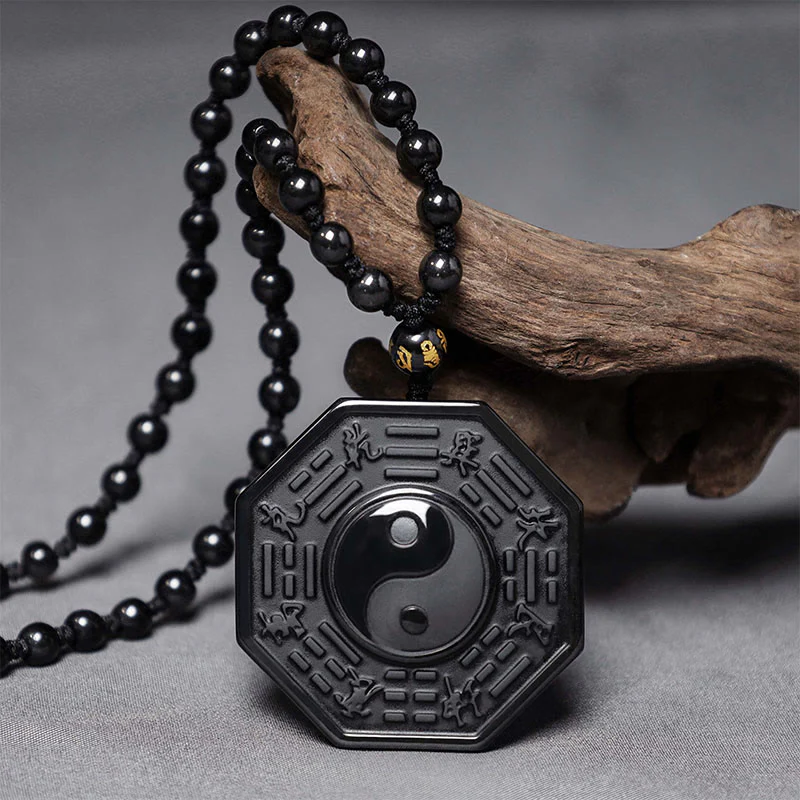 Buddha Stones Collana con ciondolo Yin Yang in pietra di ossidiana nera