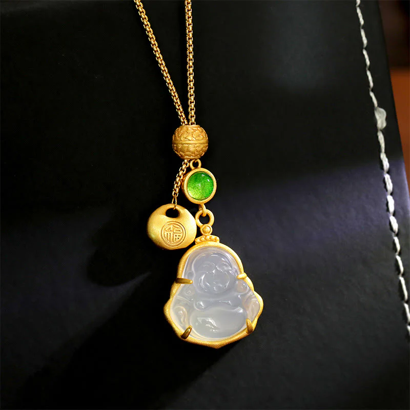 Buddha Stones Collana portafortuna con ciondolo a forma di Buddha che ride, in calcedonio e rame, con personaggio Fu.