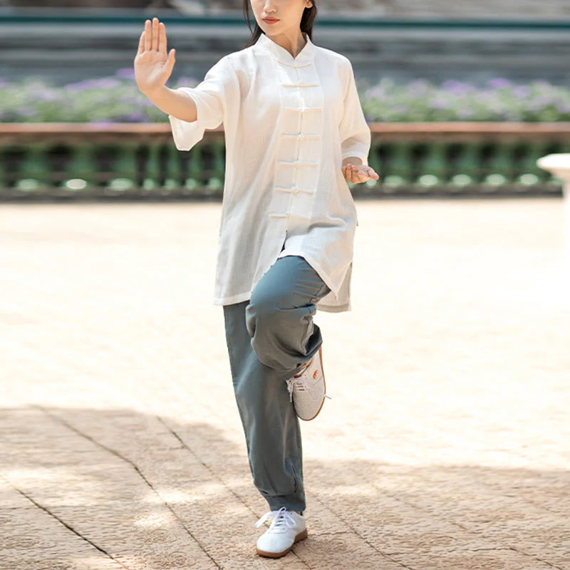 Buddha Stones Colore Solido Rana-Bottone Meditazione Preghiera Spirituale Zen Tai Chi Qigong Pratica Unisex Abbigliamento Set - Image 4