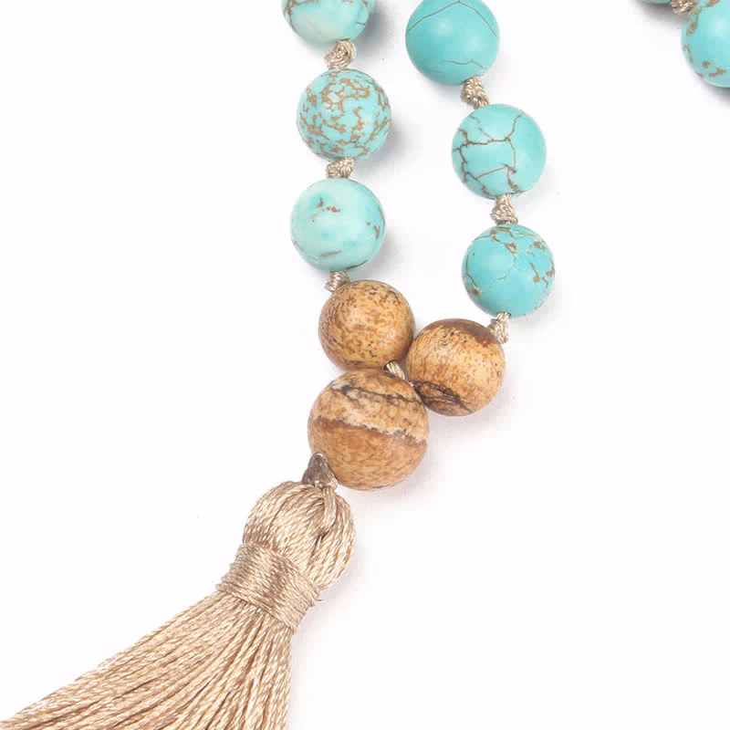 Buddha Stones con 108 perle di Mala in turchese e diaspro con nappa della saggezza - Image 4