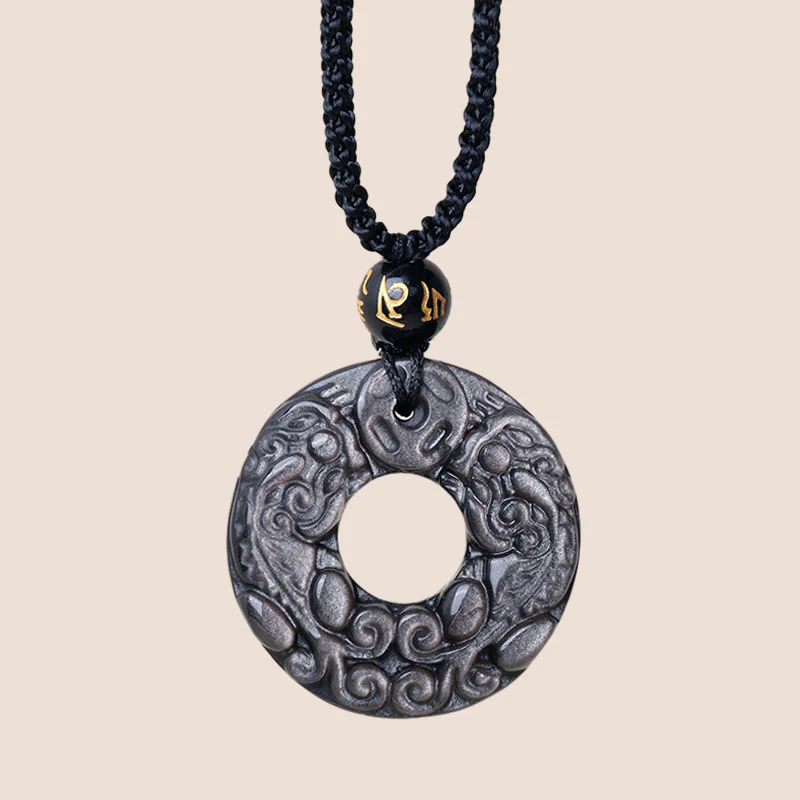 Buddha Stones con ciondolo con fibbia della pace in argento naturale lucido ossidiana doppia PiXiu moneta di rame - Image 3