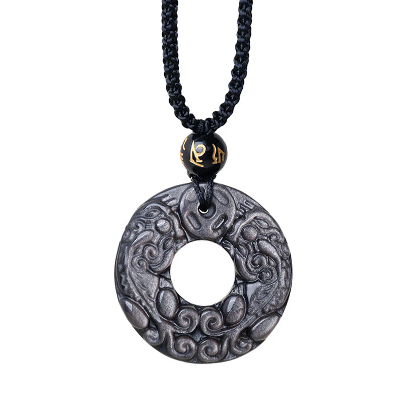 Buddha Stones con ciondolo con fibbia della pace in argento naturale lucido ossidiana doppia PiXiu moneta di rame - Image 9