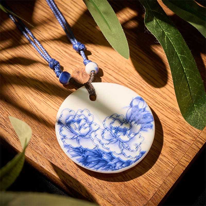 Buddha Stones con ciondolo dell'illuminazione in ceramica con simbolo di loto, simbolo etnico di peonia e fiori di pesco. - Image 11