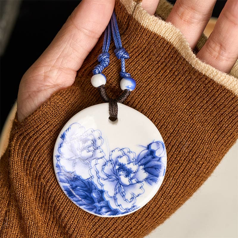 Buddha Stones con ciondolo dell'illuminazione in ceramica con simbolo di loto, simbolo etnico di peonia e fiori di pesco. - Image 12