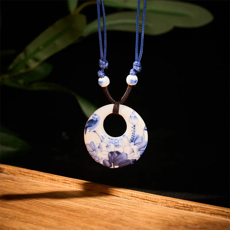 Buddha Stones con ciondolo dell'illuminazione in ceramica con simbolo di loto, simbolo etnico di peonia e fiori di pesco. - Image 2