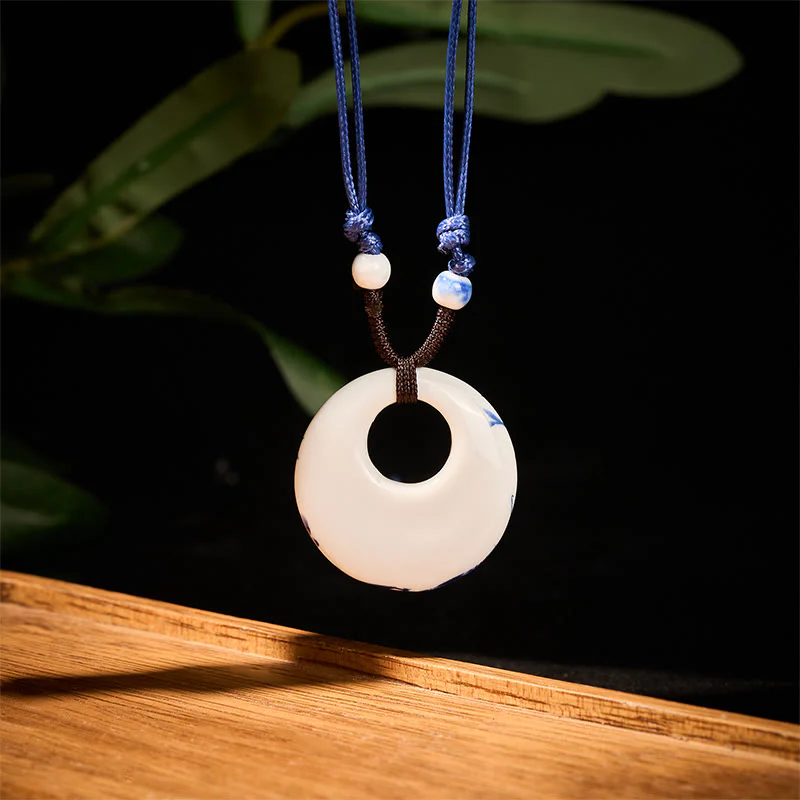 Buddha Stones con ciondolo dell'illuminazione in ceramica con simbolo di loto, simbolo etnico di peonia e fiori di pesco. - Image 3