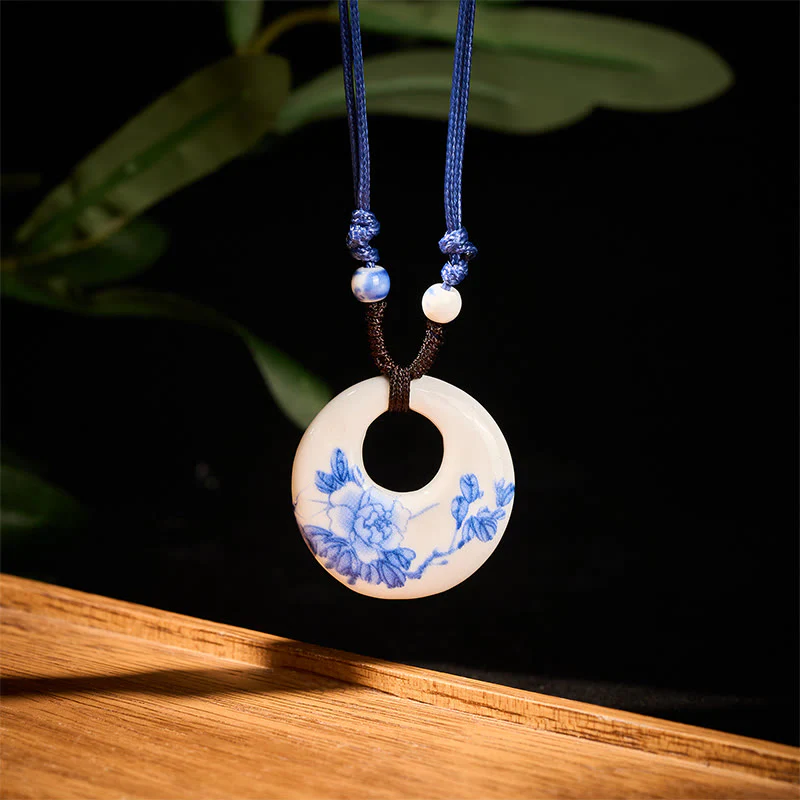 Buddha Stones con ciondolo dell'illuminazione in ceramica con simbolo di loto, simbolo etnico di peonia e fiori di pesco. - Image 7