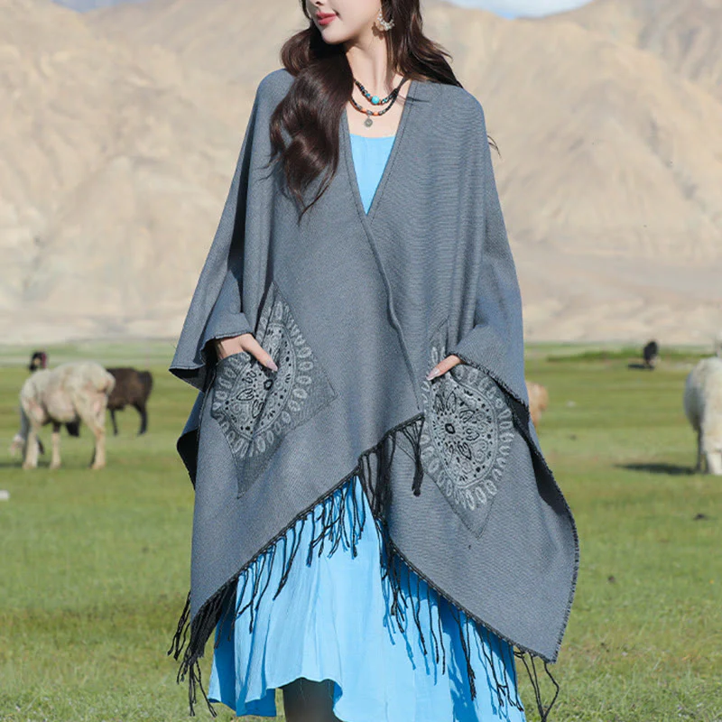 Buddha Stones con nappe, scialle avvolgente con tasche, motivo geometrico rotondo mandala tibetano, autunno inverno - Image 15