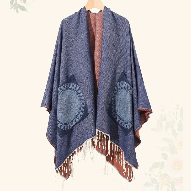 Buddha Stones con nappe, scialle avvolgente con tasche, motivo geometrico rotondo mandala tibetano, autunno inverno - Image 22