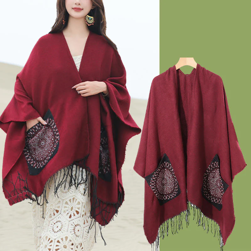 Buddha Stones con nappe, scialle avvolgente con tasche, motivo geometrico rotondo mandala tibetano, autunno inverno - Image 27