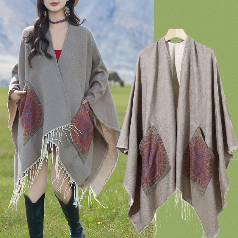 Buddha Stones con nappe, scialle avvolgente con tasche, motivo geometrico rotondo mandala tibetano, autunno inverno - Image 32