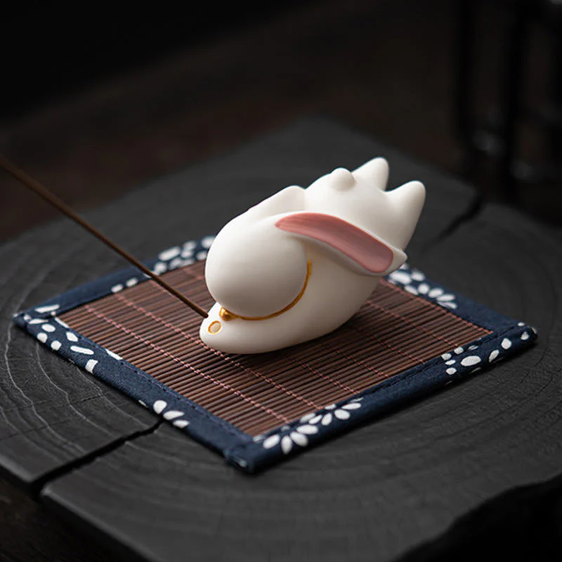 Buddha Stones Coniglio volante Tappetino di bambù Bruciatore di incenso in ceramica curativo Decorazione da scrivania - Image 6