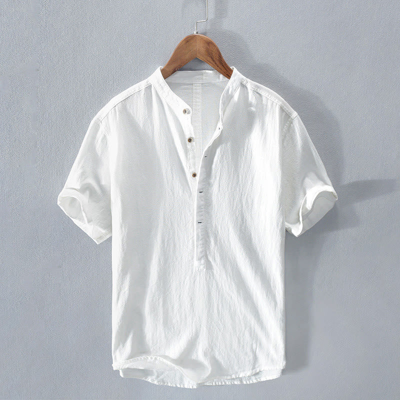 Camicia da uomo a maniche corte con mezza abbottonatura, tinta unita, con motivo Buddha Stones. Abbigliamento in cotone. - Image 8