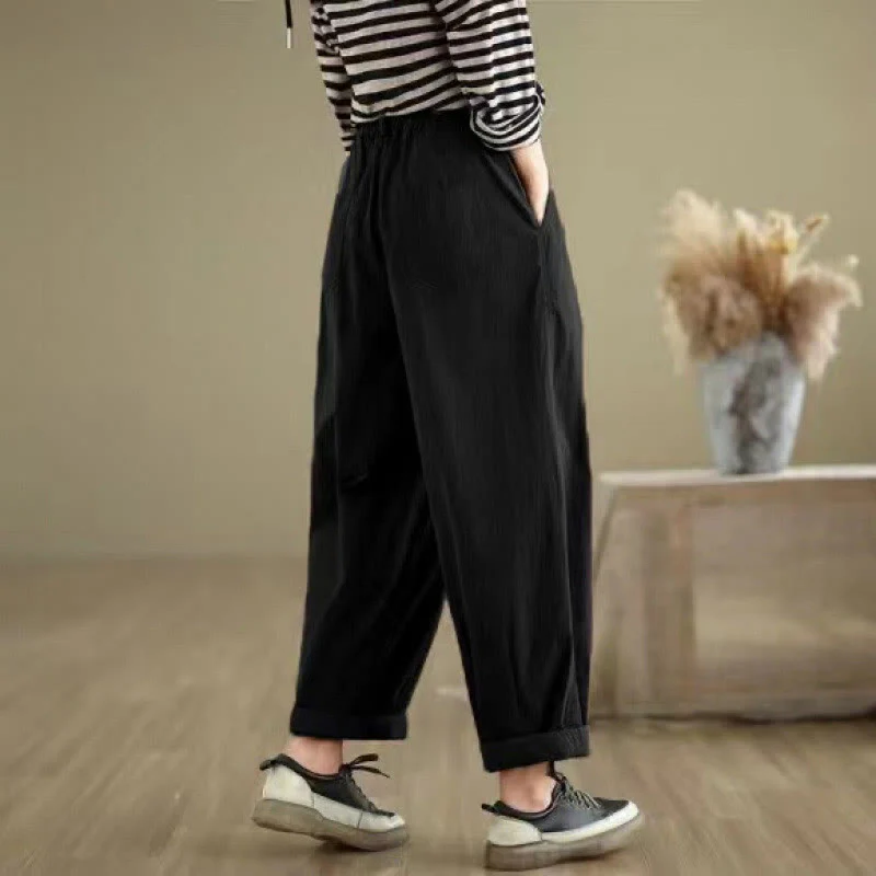 Pantaloni da donna con elastico in vita, casual, tinta unita, con un bottone superiore e tasche , Buddha Stones - Image 14