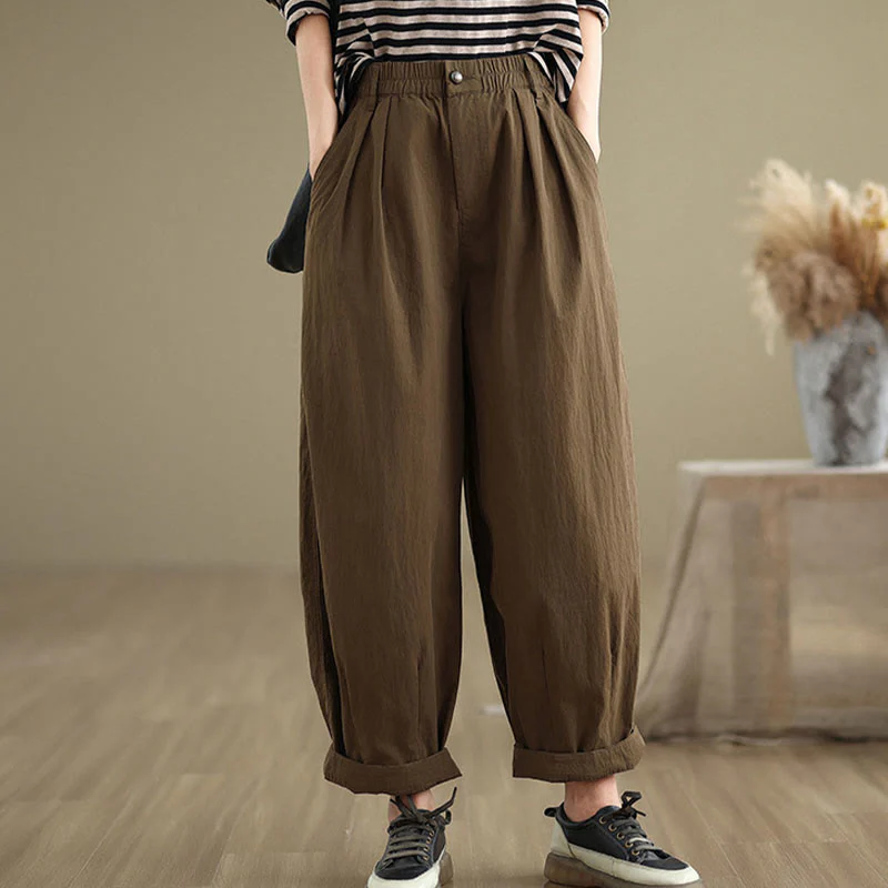 Pantaloni da donna con elastico in vita, casual, tinta unita, con un bottone superiore e tasche , Buddha Stones - Image 2